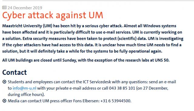 马斯特里赫特大学遭勒索攻击：几乎所有Windows系统都瘫痪